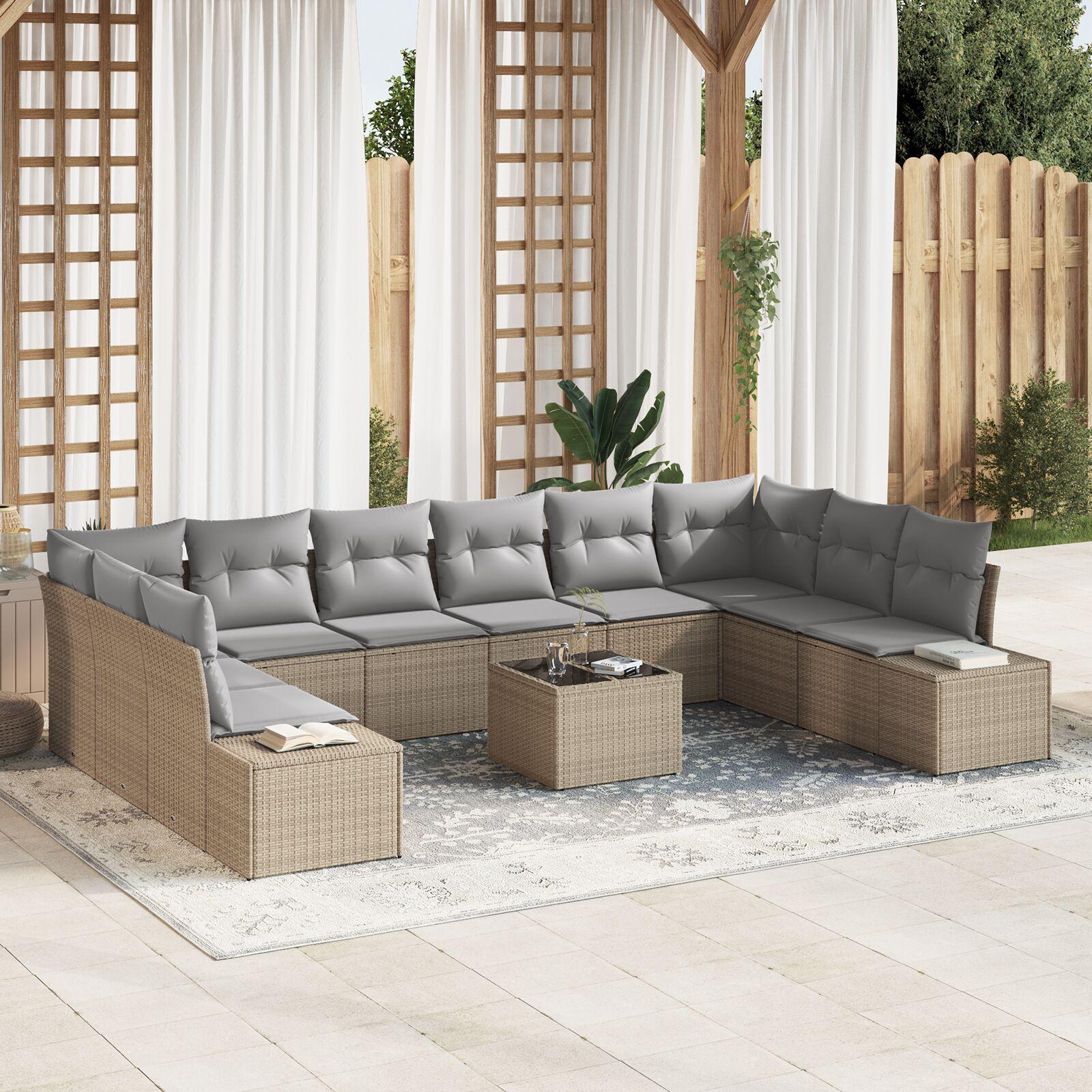 Havesofa Sæt med pude 11 stk beige og lysegrå 344 x 209 x 85 cm