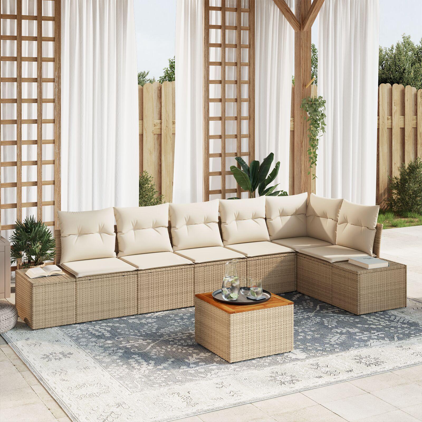 Havesofa Sæt Med Opbevaring 7 Dele Polyrattan - Beige og hvid