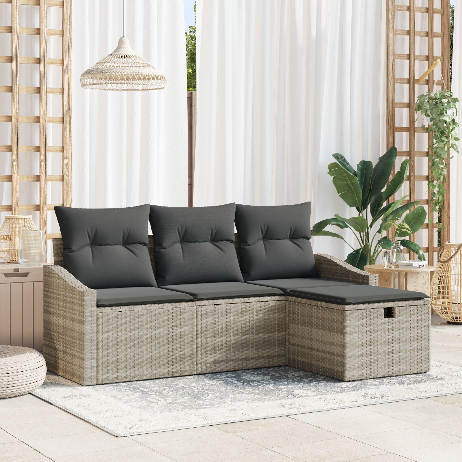 Havesofa Sæt med pude 4 stk Lysegrå Poly rattan