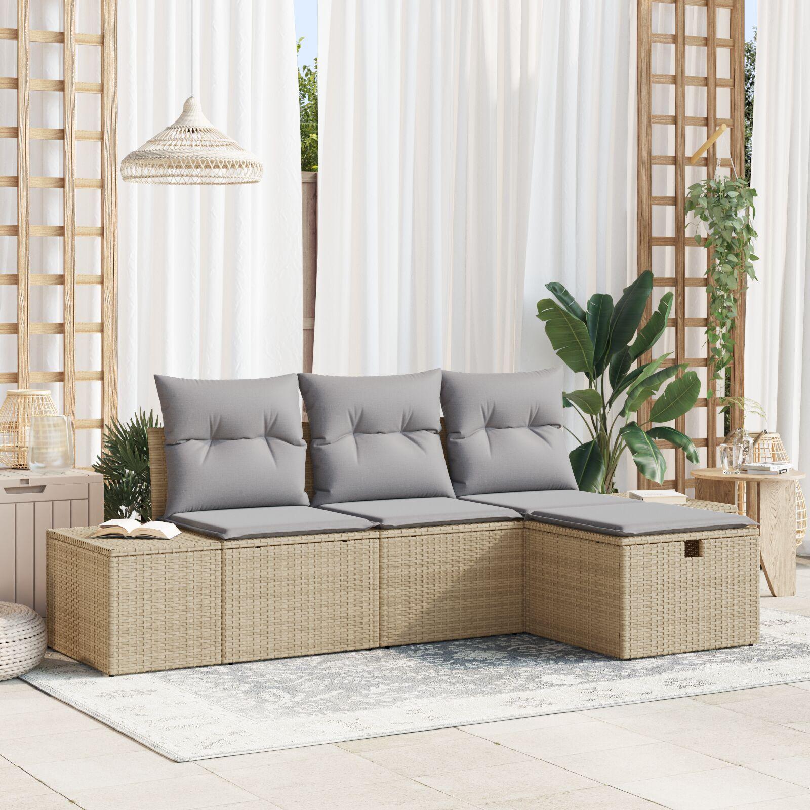 Havesofa Sæt med pude 4 stk Beige Poly rattan