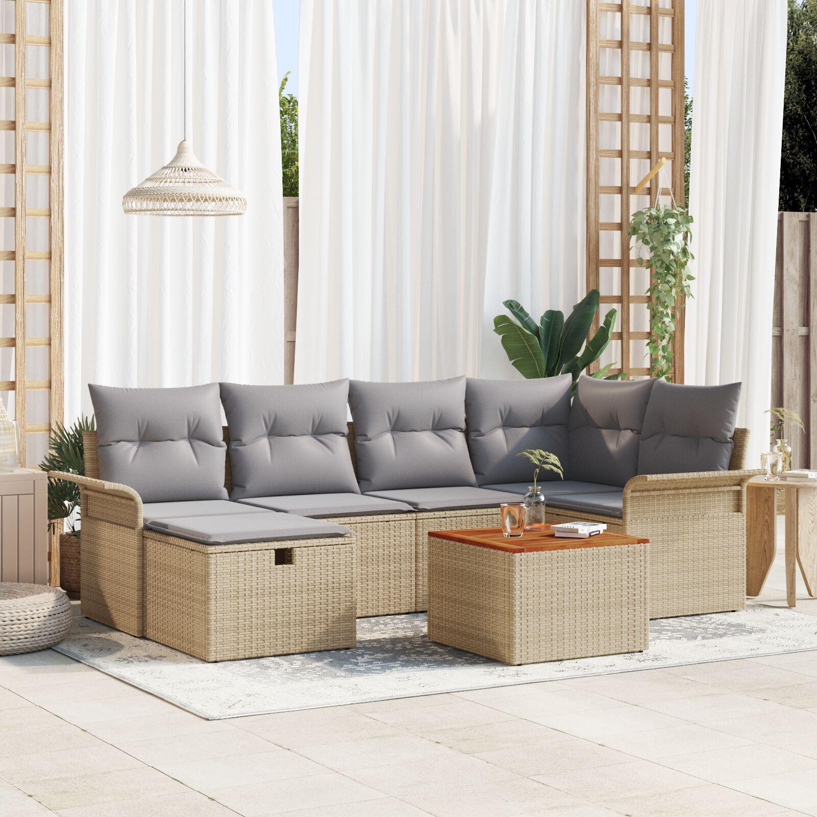 Havesofa Sæt med pude med opbevaring 7 stk Beige Poly rattan