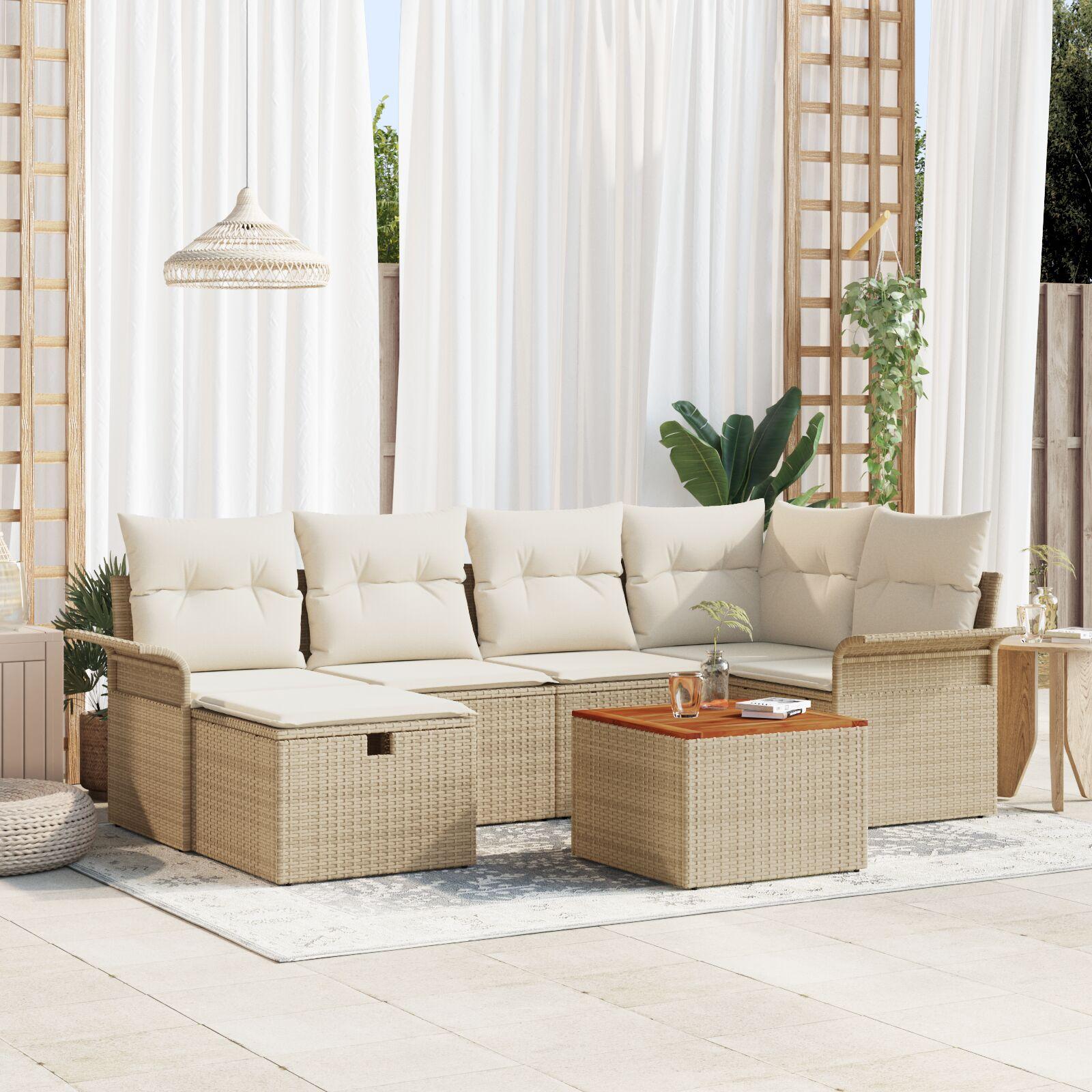 Havesofa Sæt med pude med opbevaring 7 stk Beige Poly rattan