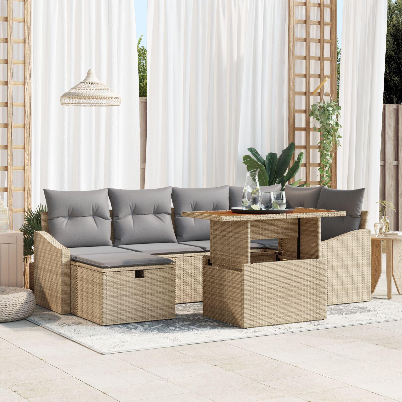 Havesofa sæt 7 stk. i beige polyrattan med højdejusterbart bord