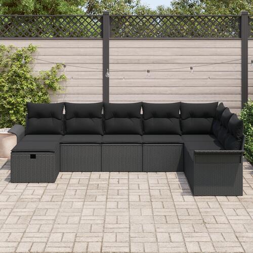 8-Personers Havesofa Sæt med Hynder Sort Polyrattan, 2-Personers Havesofa med Opbevaring & Hynder Sort Polyrattan