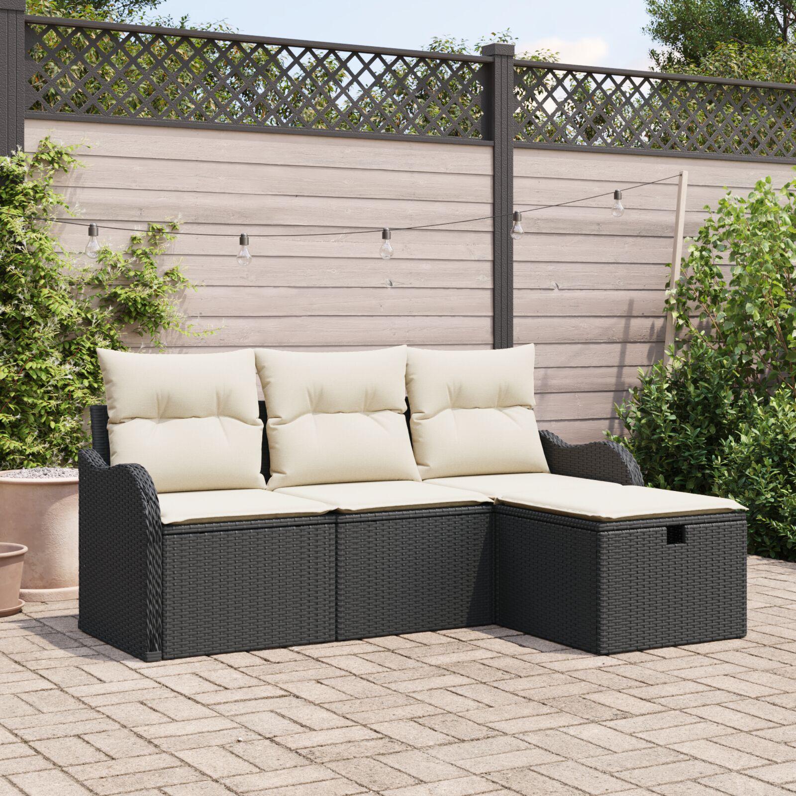 Havesofa Sæt med pude med opbevaring 4 stk Sort Poly rattan