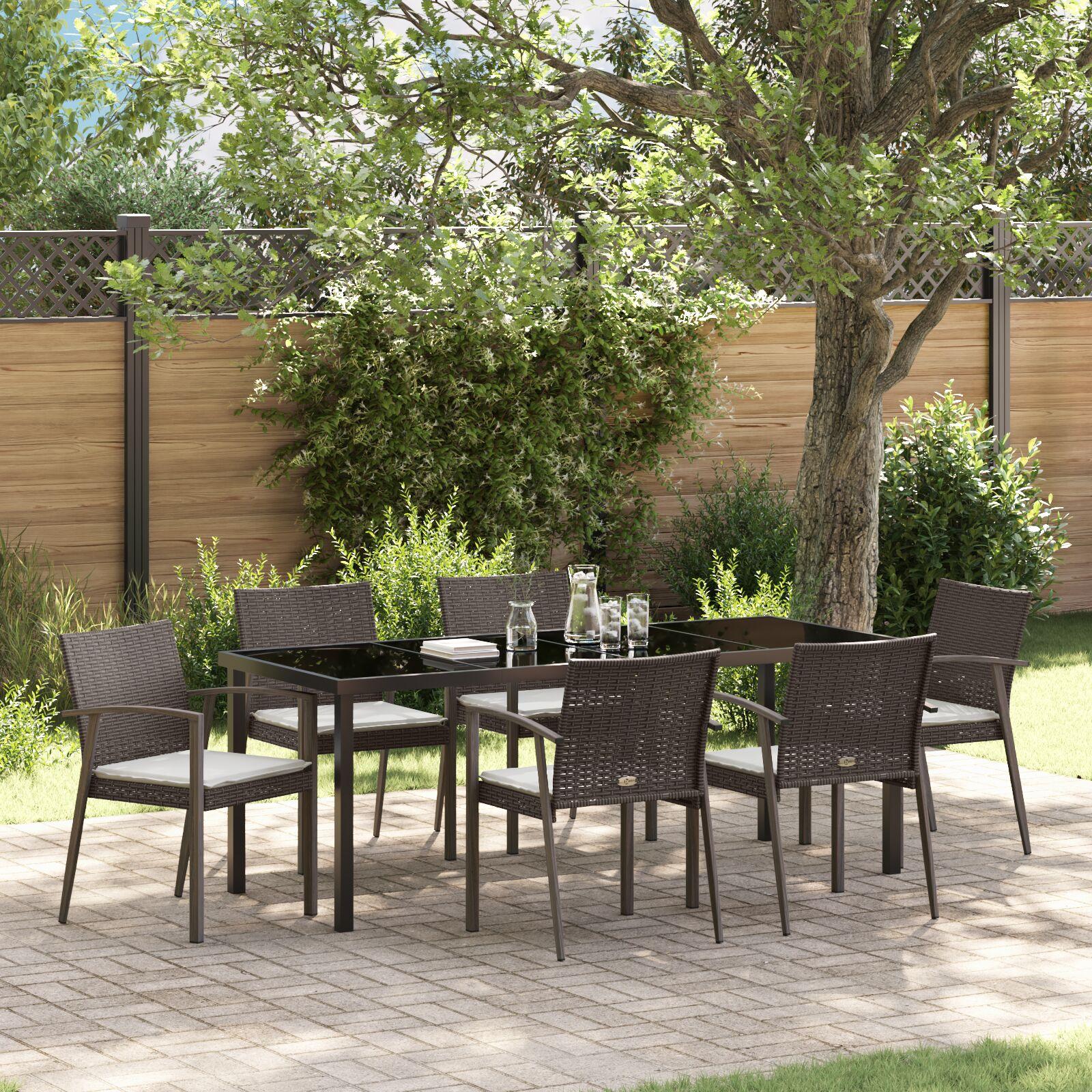 Have spisebordssæt 7 dele - brun/sort PE rattan med glasbord