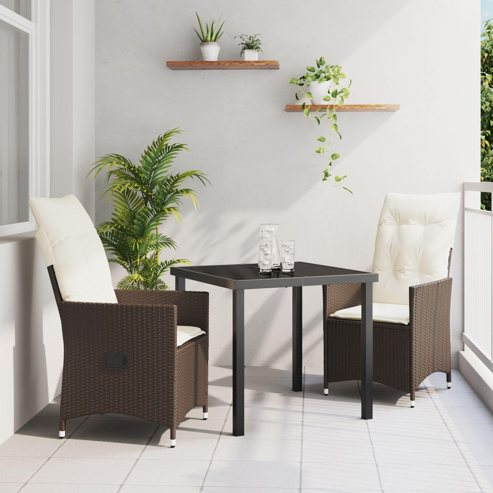 Have spisebordssæt i brun polyrattan med puder - 3 dele