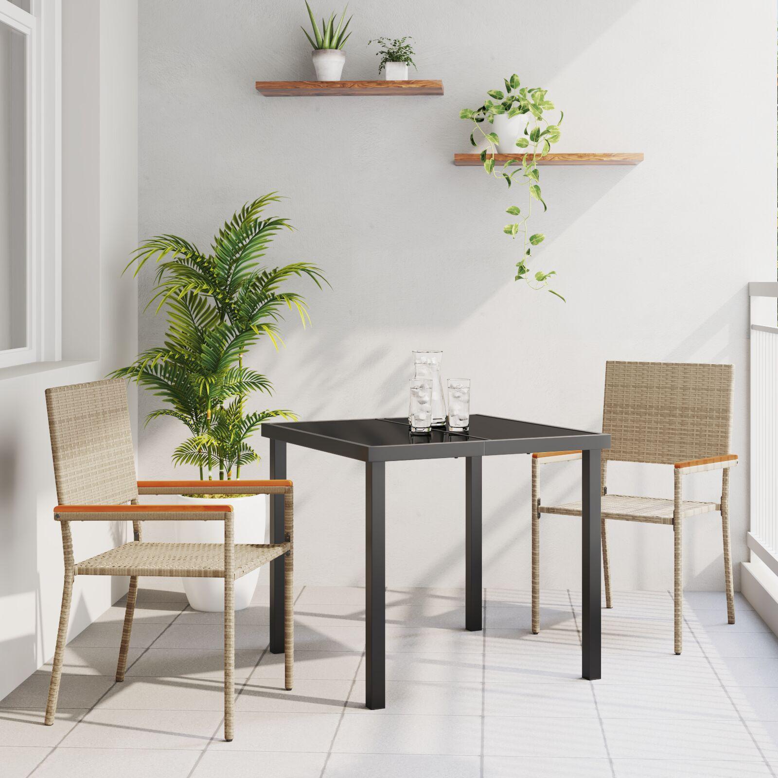 Have spisebordssæt med puder - 3 dele i beige polyrattan, glasbord 80×80 cm