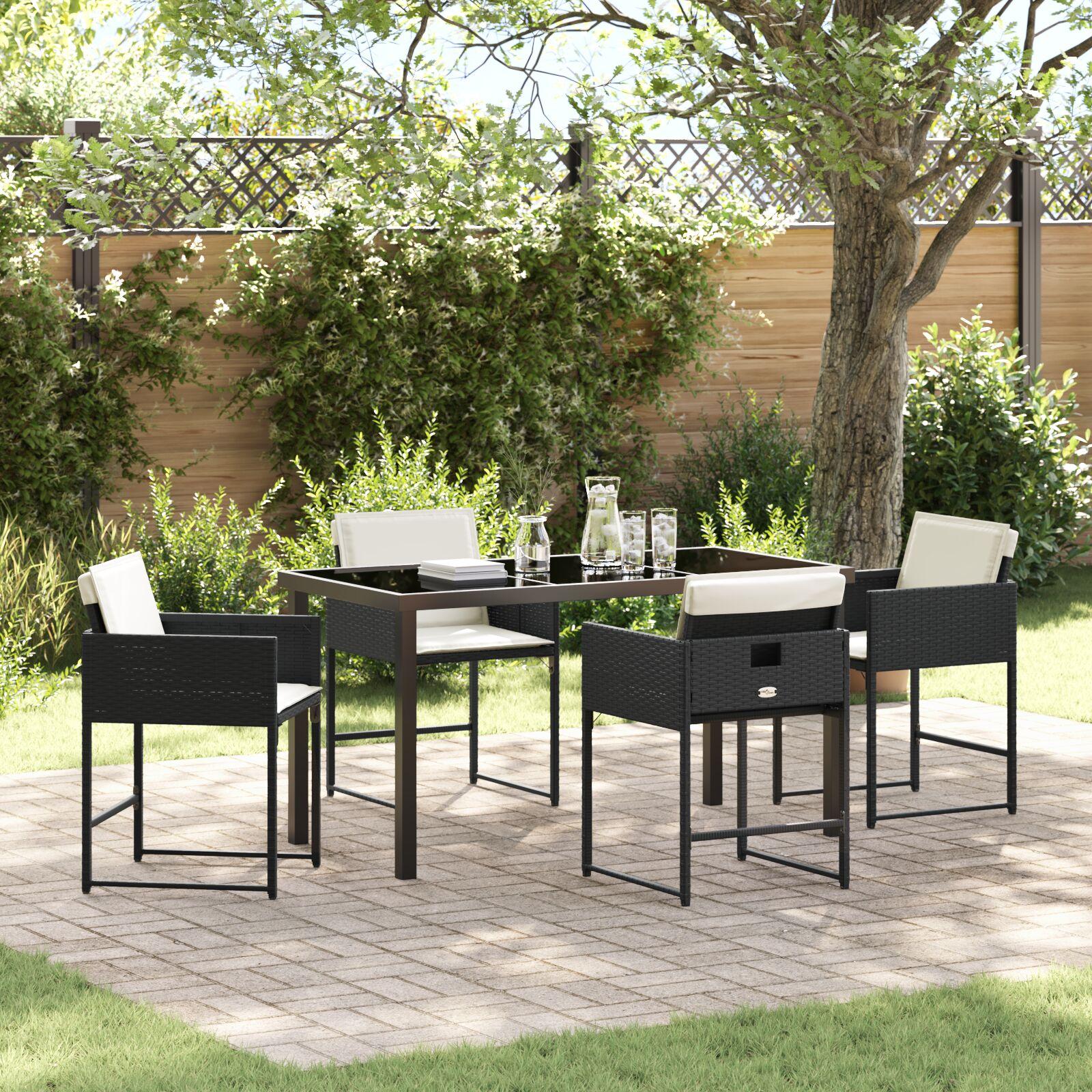 Have spisebordssæt i sort polyrattan med puder - 5 dele