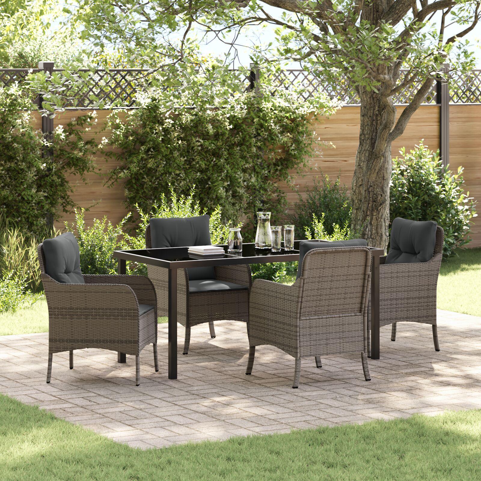 Have spisebordssæt med puder - 5 dele i grå polyrattan, 4 stole + bord 160 × 80 cm