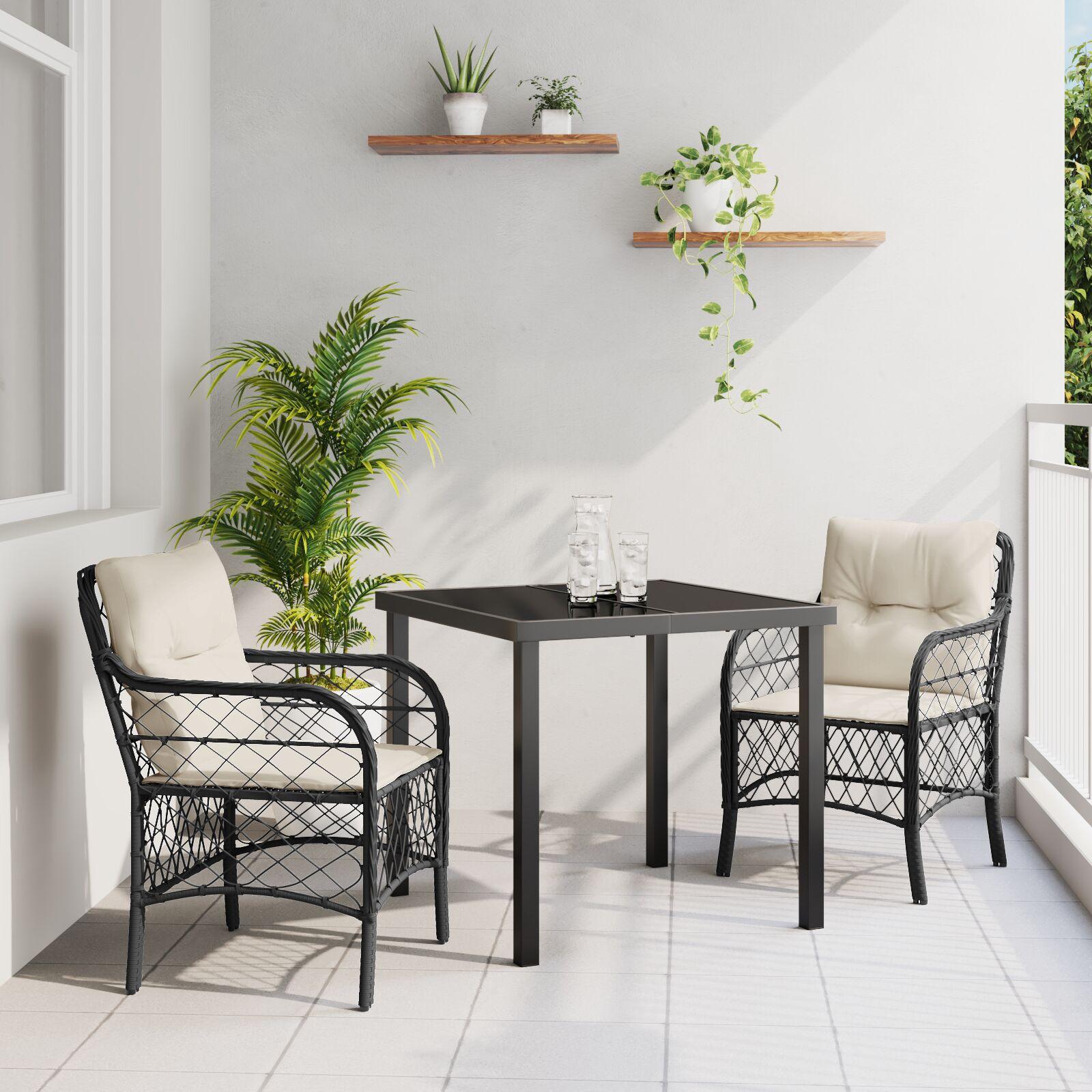 Have spisebordssæt i sort polyrattan med puder - 3 dele