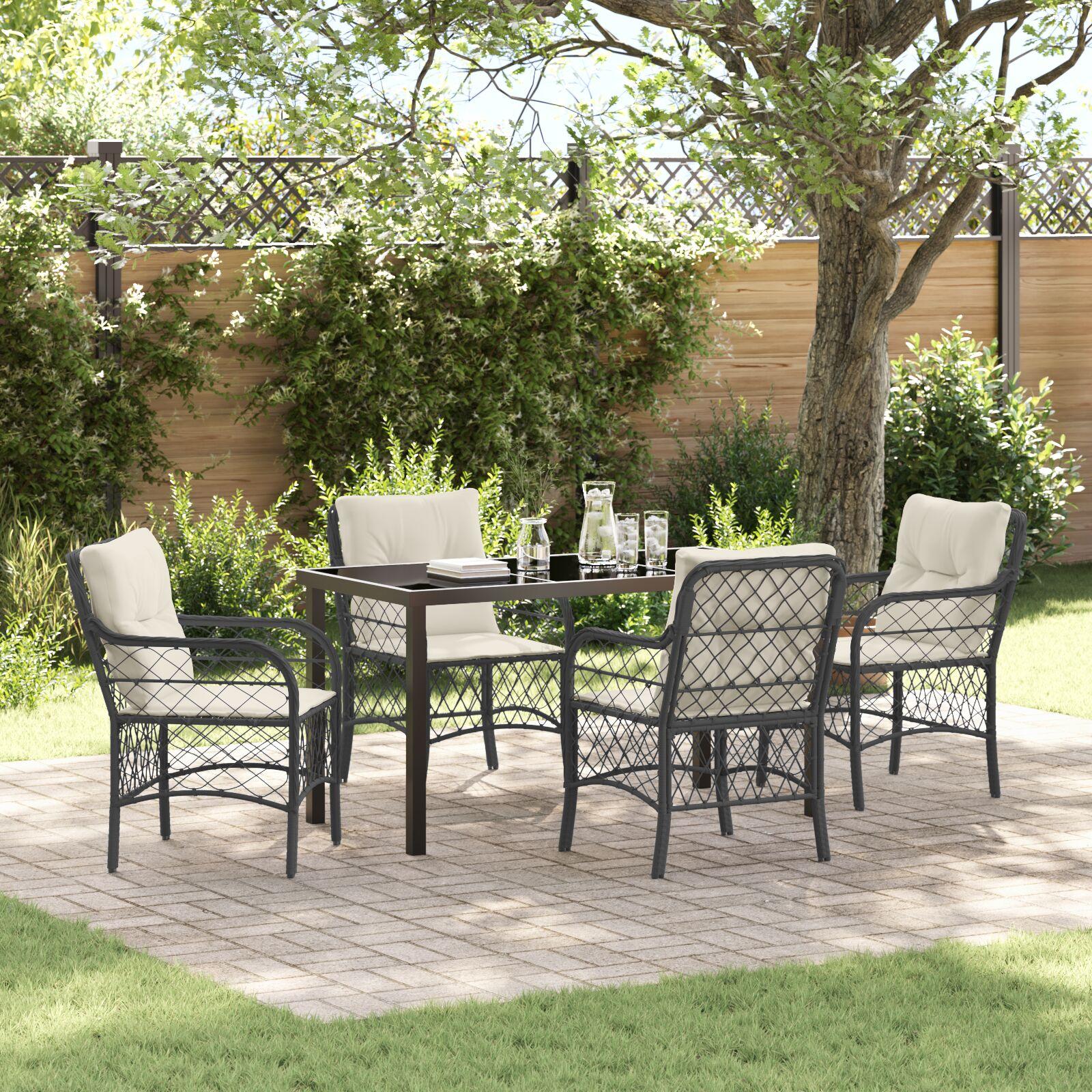 Have spisebordssæt i sort polyrattan med puder - 5 dele, 4 pladser