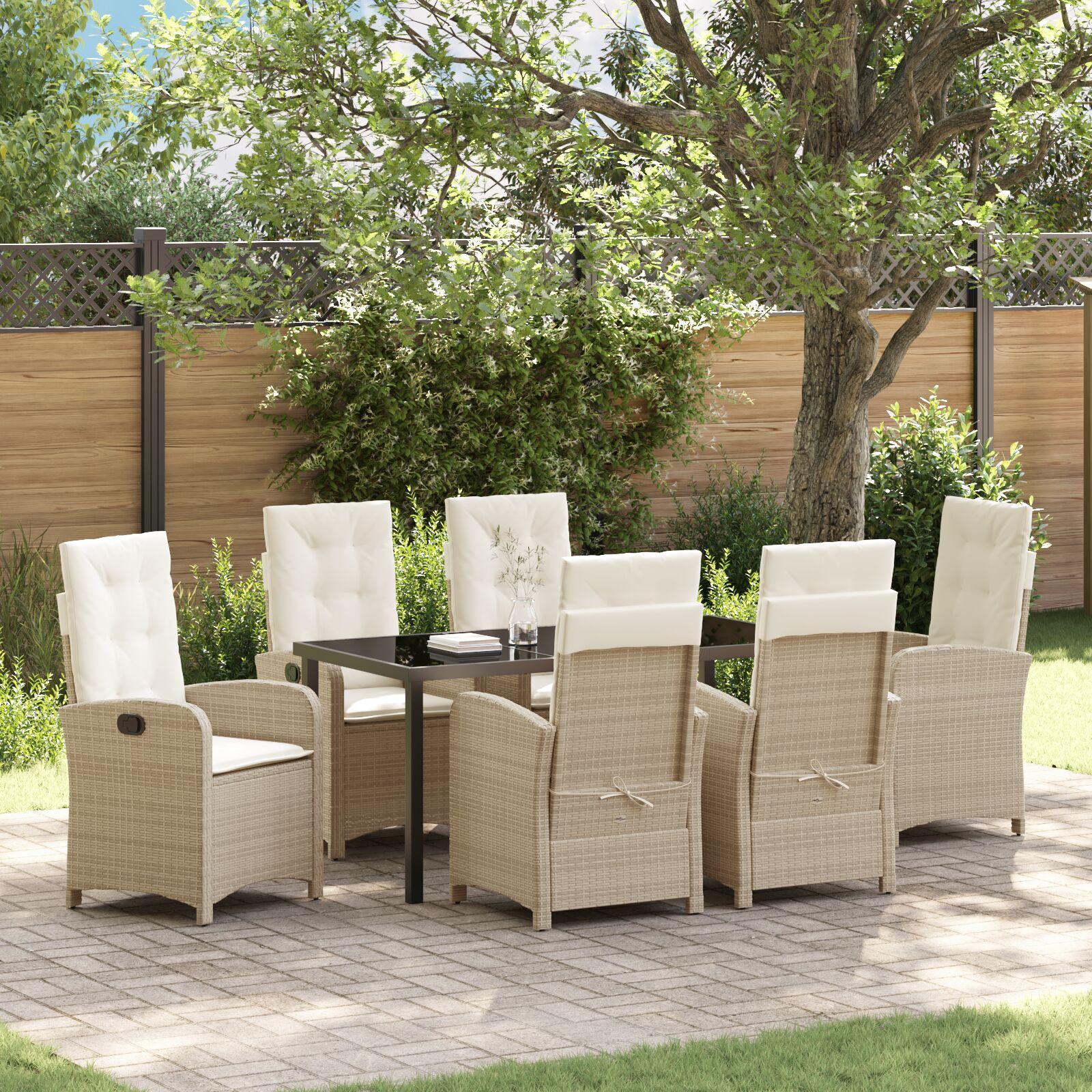 Have spisebordssæt i beige polyrattan med puder - 7 dele, justerbare stole