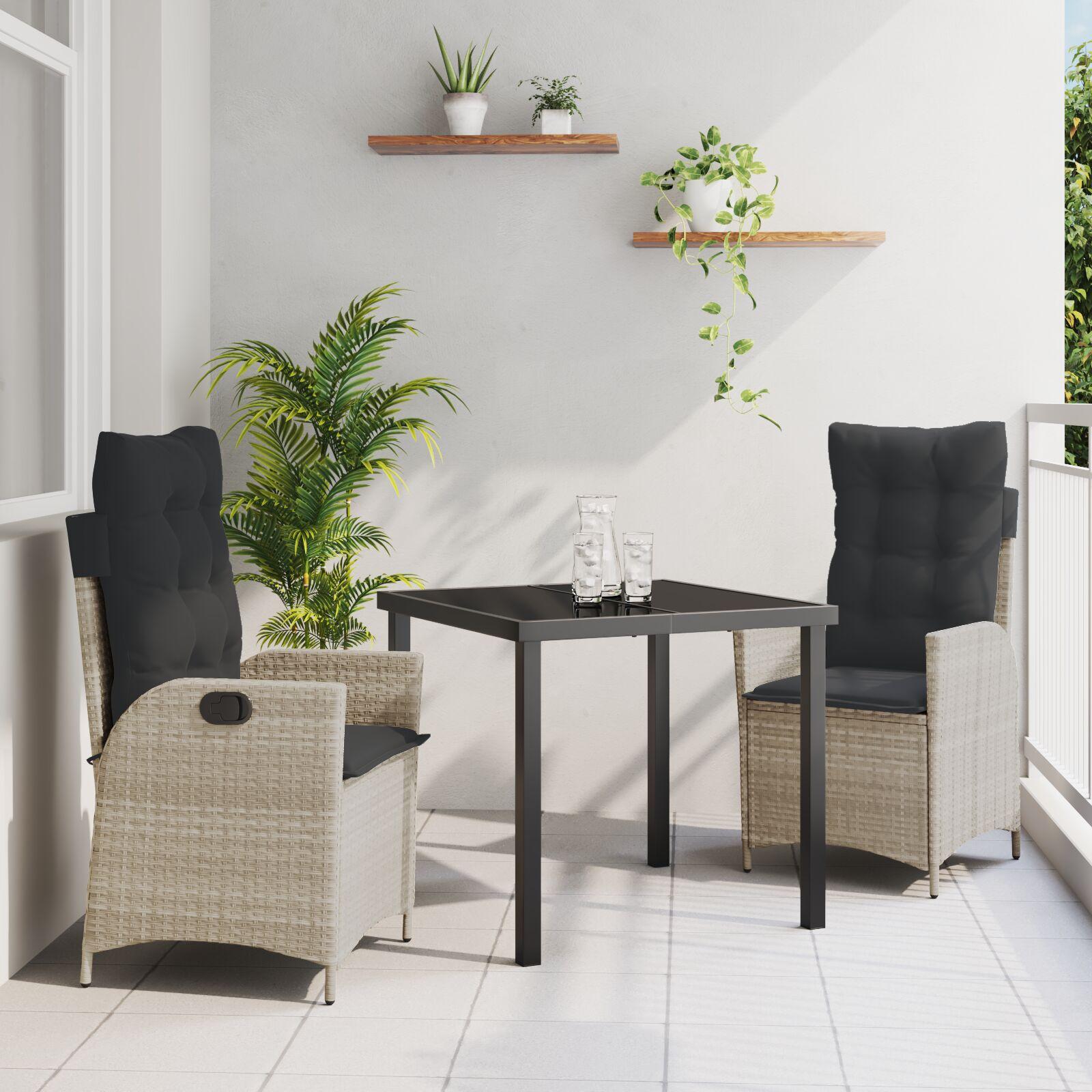 Have spisebordssæt i lysegrå polyrattan med puder - 3 dele