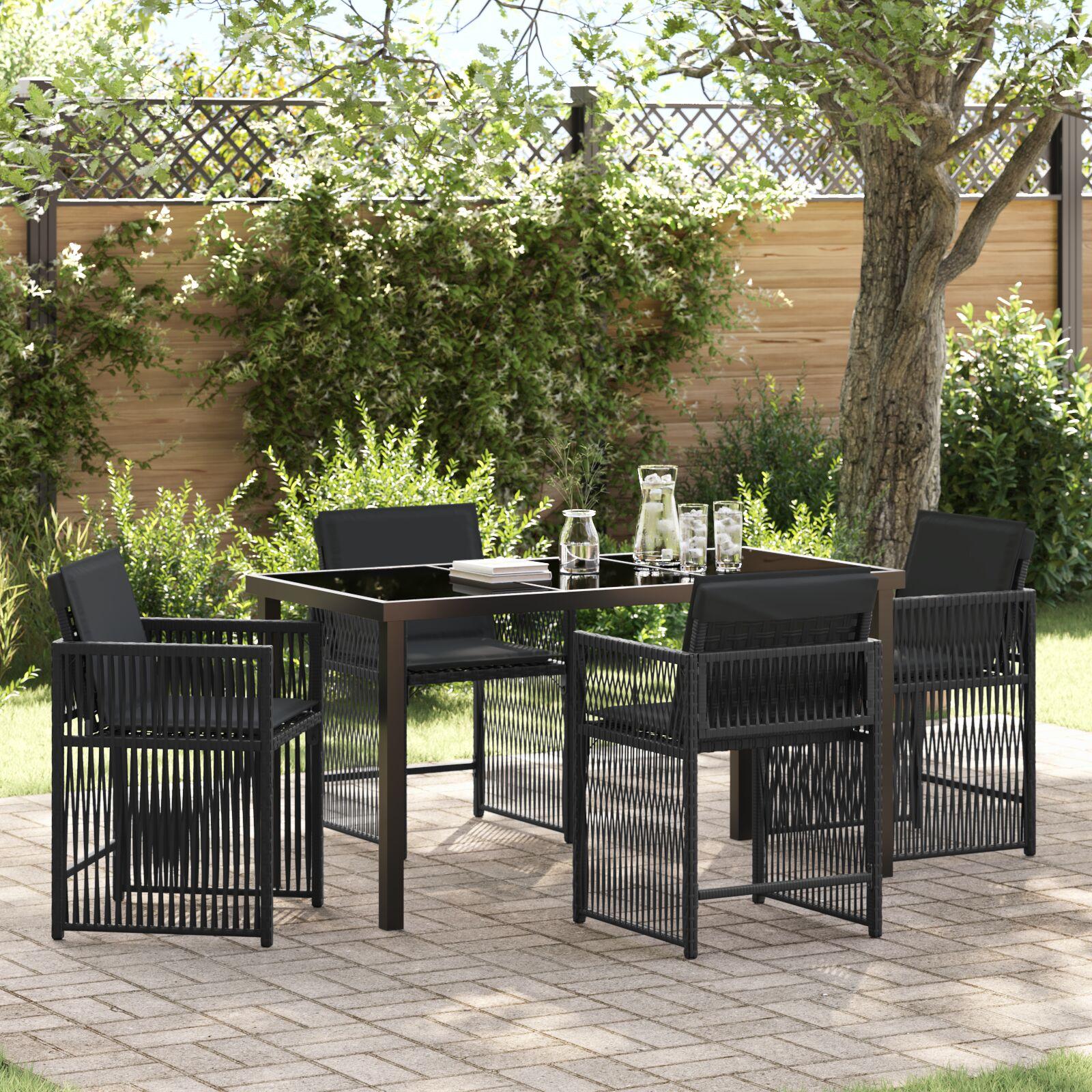 Have spisebordssæt i sort polyrattan - 5 dele med glasbord