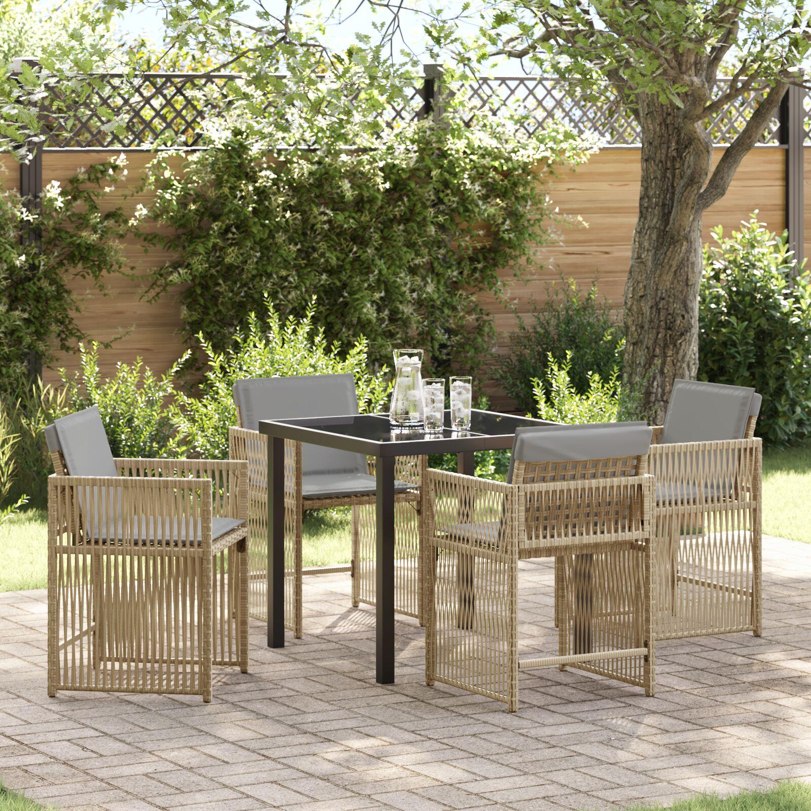Have spisebordssæt 5 dele i beige polyrattan med glasbord