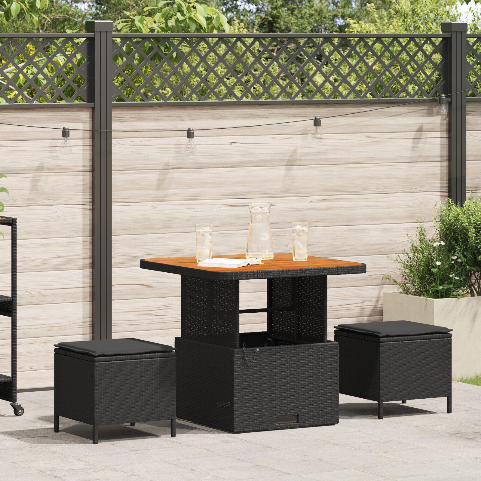 Have spisebordssæt i sort polyrattan med akacietræ - 3 dele