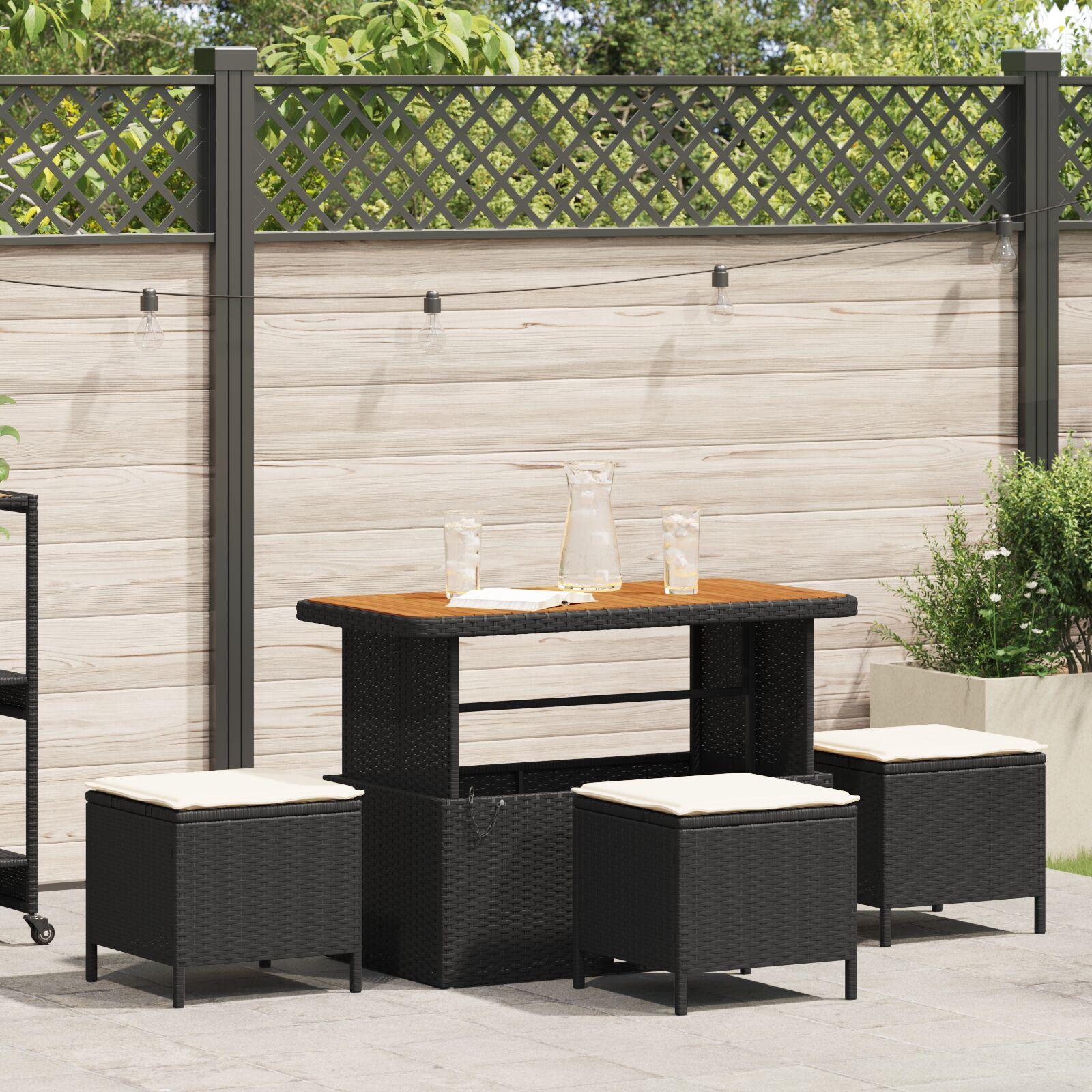 4 Deles Have Spisebord Sæt Med Hynder Sort Poly Rattan Akacia