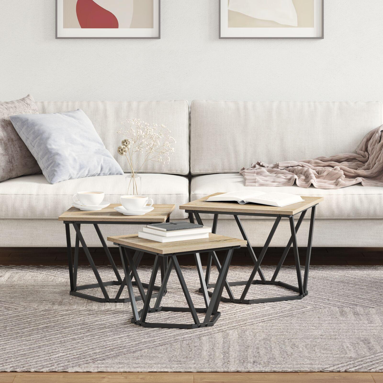 Sofabord 3 stk Sonoma-eg 50 x 50 x 40 cm Ingeniørtræ og stål