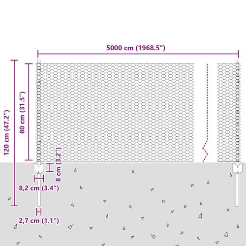 Hegnspæle 11 stk U-kanal 80 cm galvaniseret stål, sekskantet hegn 0,8x50 m galvaniseret stål