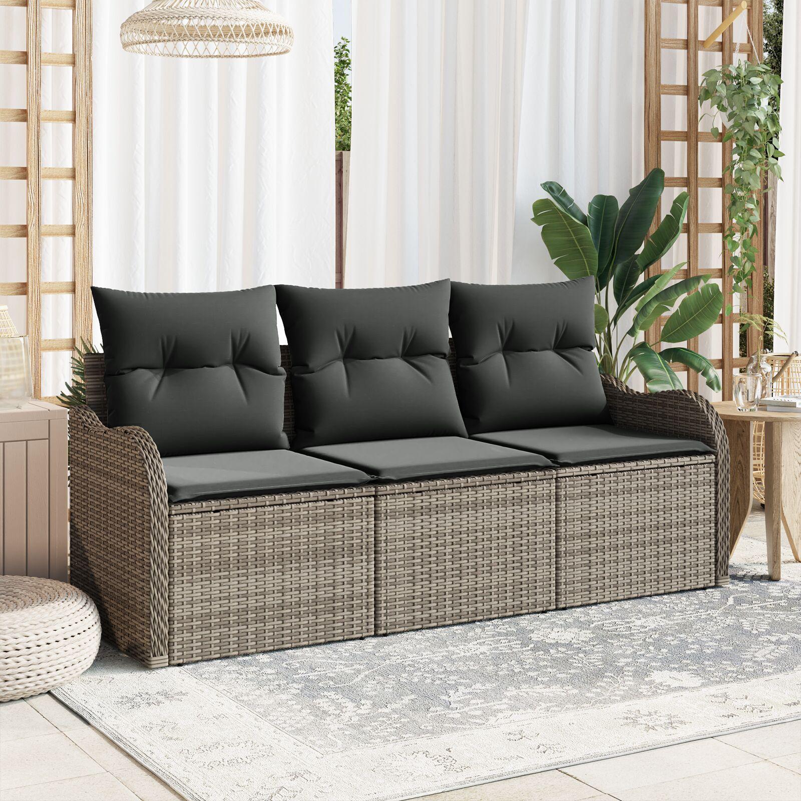 Havesofa Sæt med pude 3 stk Grå Poly rattan