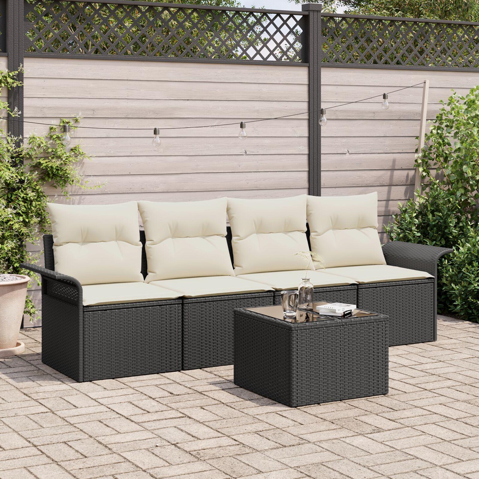 Havesofa Sæt 5 stk Sort og Cream Polyrattan og stål og glas