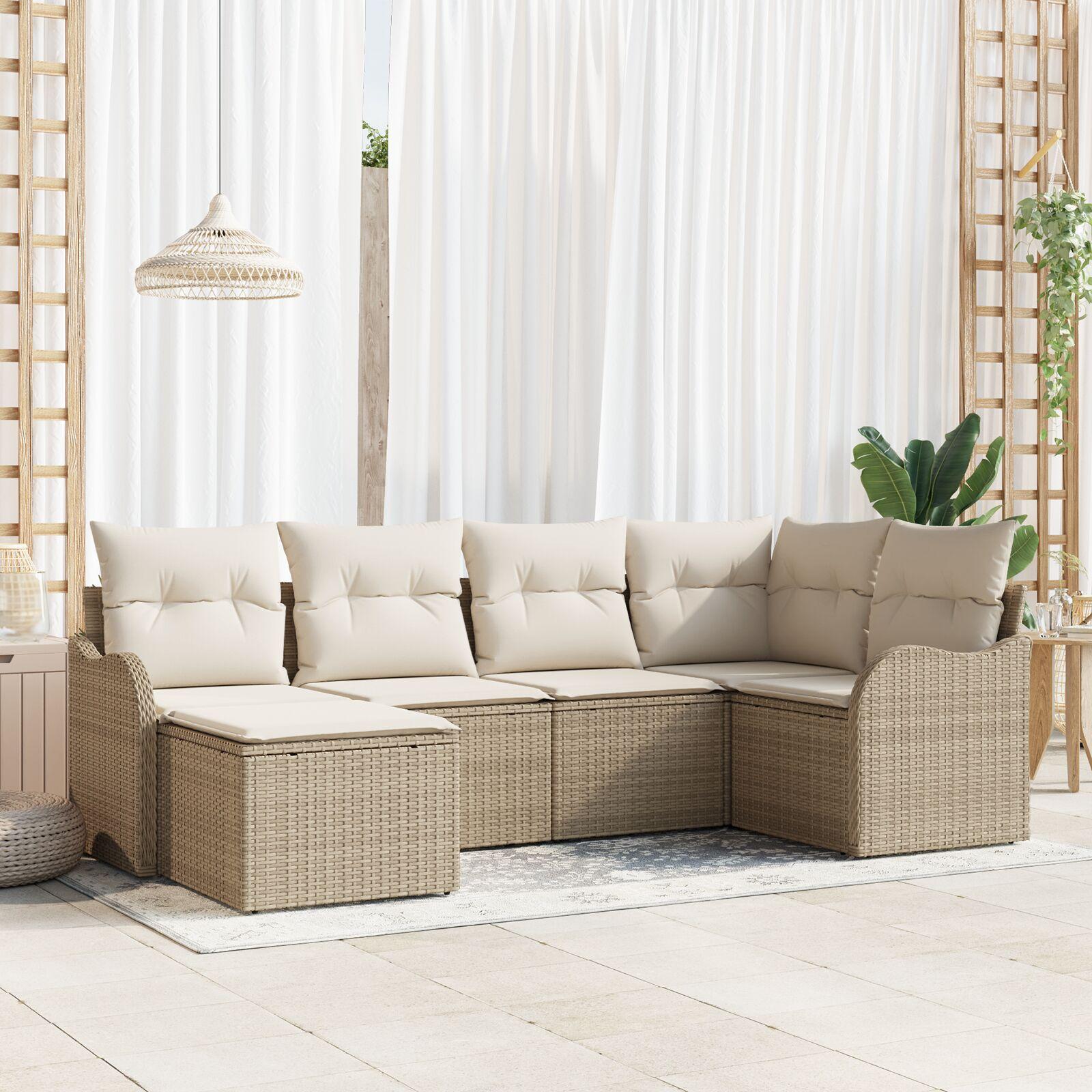 Havesofa Sæt med pude 6 stk Beige og hvid Poly rattan