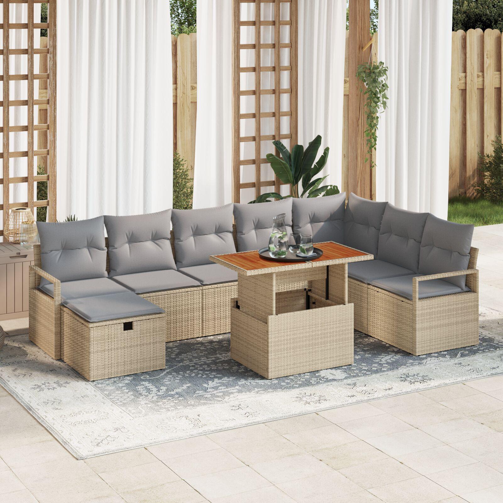 Havesofa sæt 9 stk. i beige polyrattan med højdejusterbart bord
