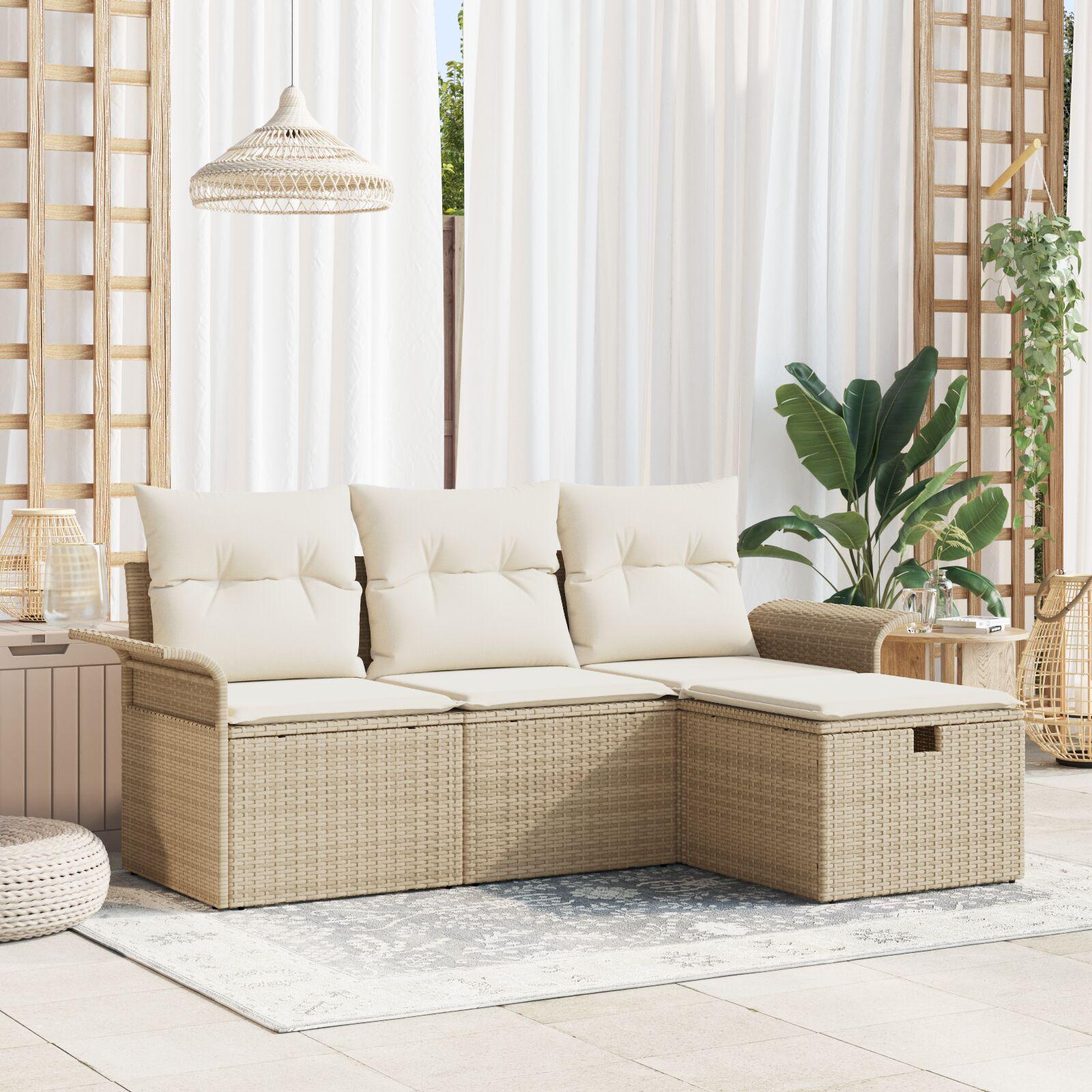 Havesofa Sæt med pude med opbevaring 4 stk Beige Poly rattan