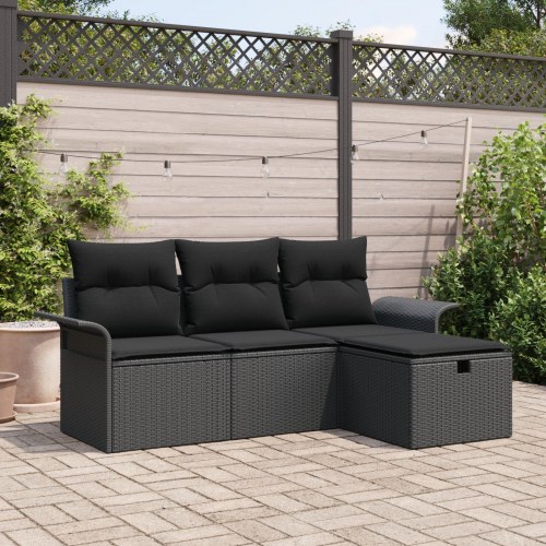4 Stykker Havesofa Sæt med Puder Sort Poly Rattan, 2-Sæders Havesofa med Opbevaring & Puder Sort Poly Rattan