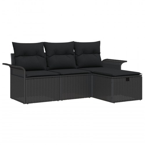 4 Stykker Havesofa Sæt med Puder Sort Poly Rattan, 2-Sæders Havesofa med Opbevaring & Puder Sort Poly Rattan