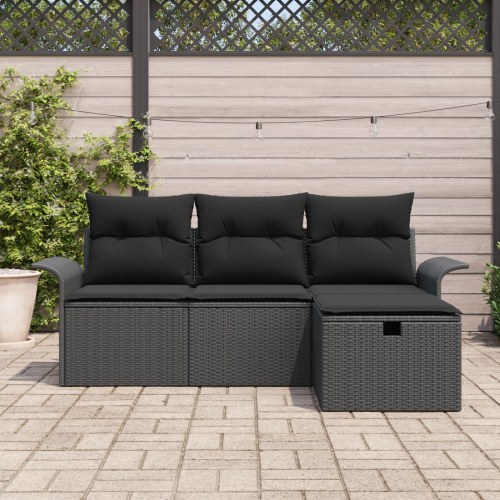 4 Stykker Havesofa Sæt med Puder Sort Poly Rattan, 2-Sæders Havesofa med Opbevaring & Puder Sort Poly Rattan