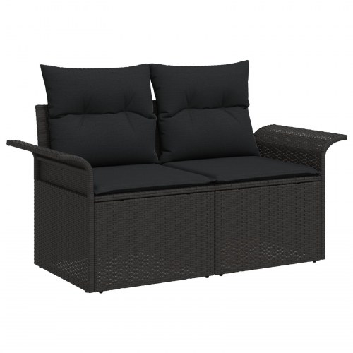 4 Stykker Havesofa Sæt med Puder Sort Poly Rattan, 2-Sæders Havesofa med Opbevaring & Puder Sort Poly Rattan