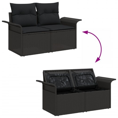 4 Stykker Havesofa Sæt med Puder Sort Poly Rattan, 2-Sæders Havesofa med Opbevaring & Puder Sort Poly Rattan