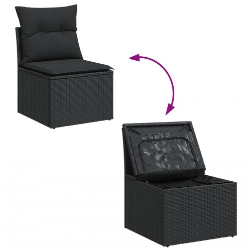 4 Stykker Havesofa Sæt med Puder Sort Poly Rattan, 2-Sæders Havesofa med Opbevaring & Puder Sort Poly Rattan