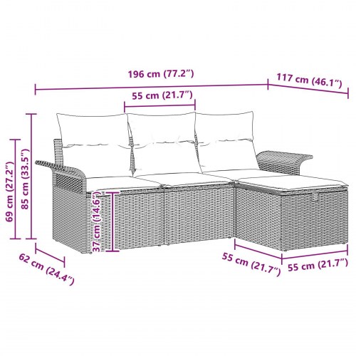 4 Stykker Havesofa Sæt med Puder Sort Poly Rattan, 2-Sæders Havesofa med Opbevaring & Puder Sort Poly Rattan