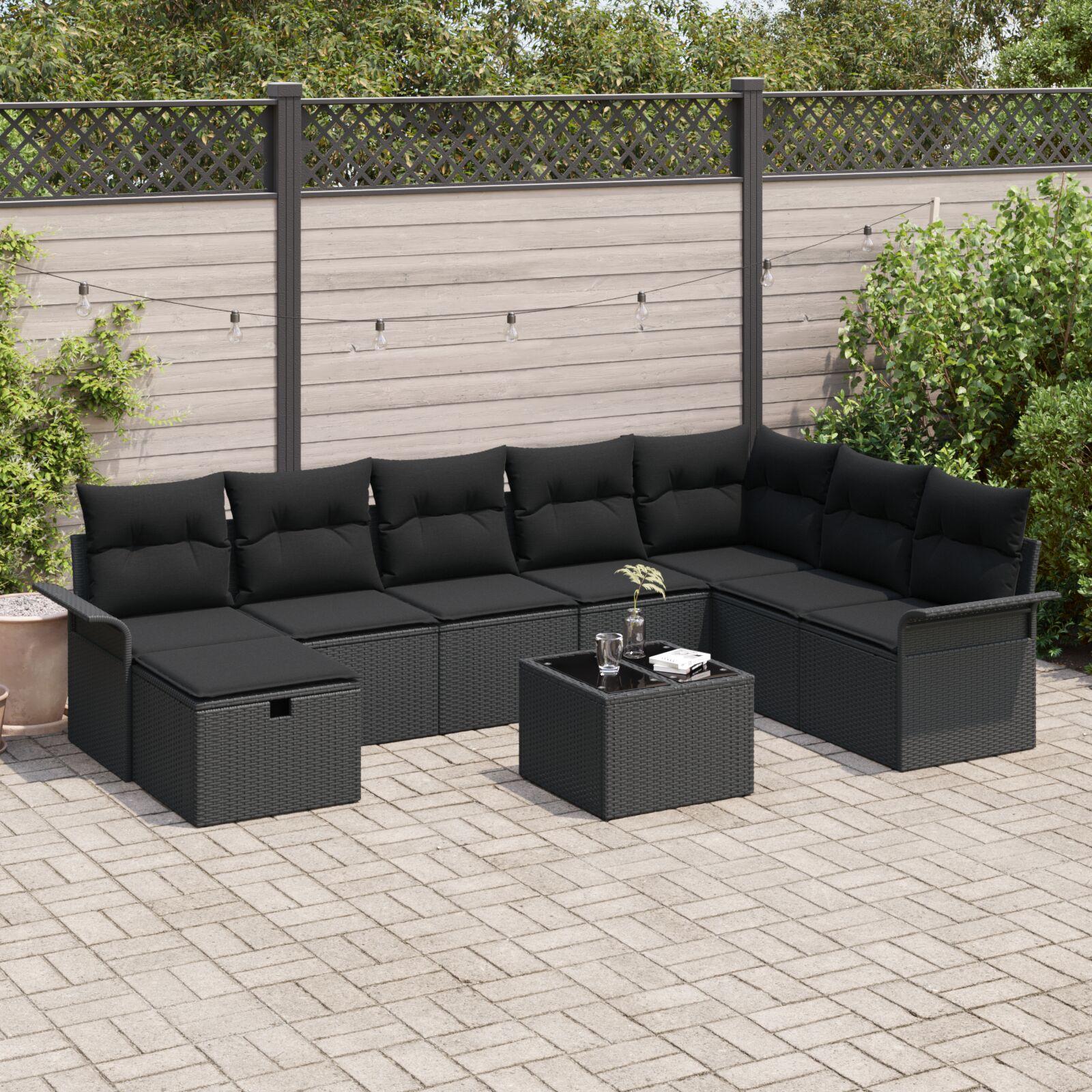 Havesofa SÃ¦t med pude med opbevaring 9 stk Sort Poly rattan