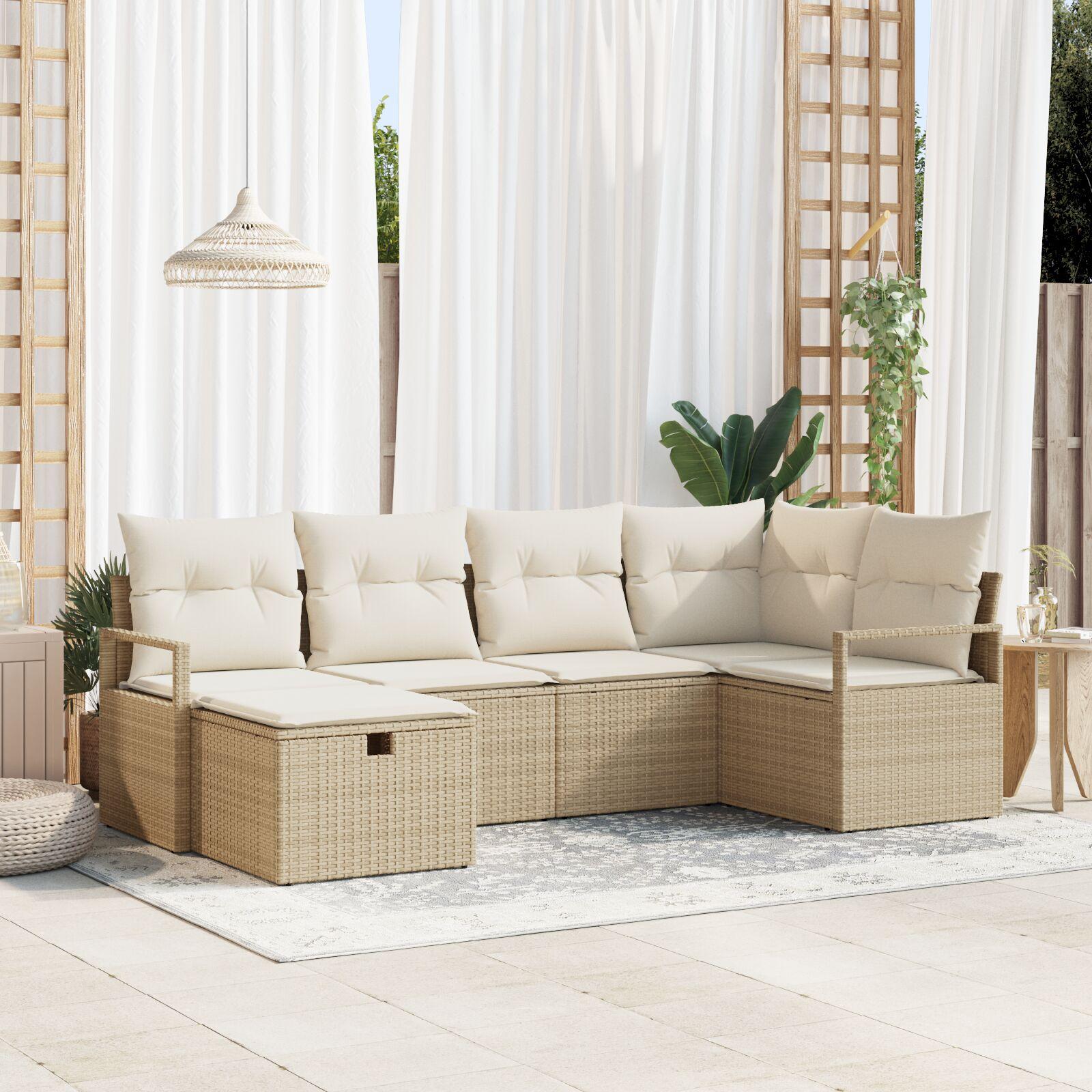 6-delt havemøbelsæt med puder Beige Poly Rattan, 2-personers havemøbelssofa med opbevaring & puder Beige Poly Rattan