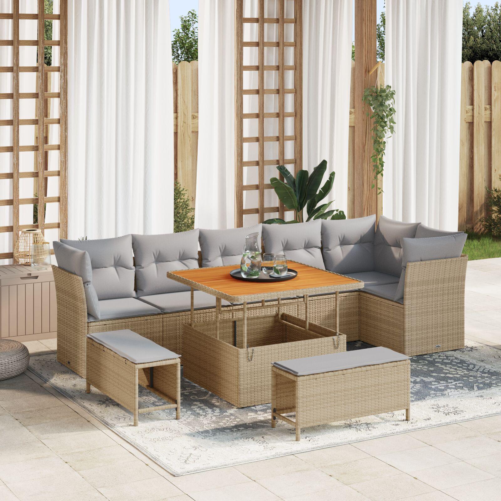 Havesofa sæt i beige polyrattan - 9 dele, modulært loungesæt til 8 personer