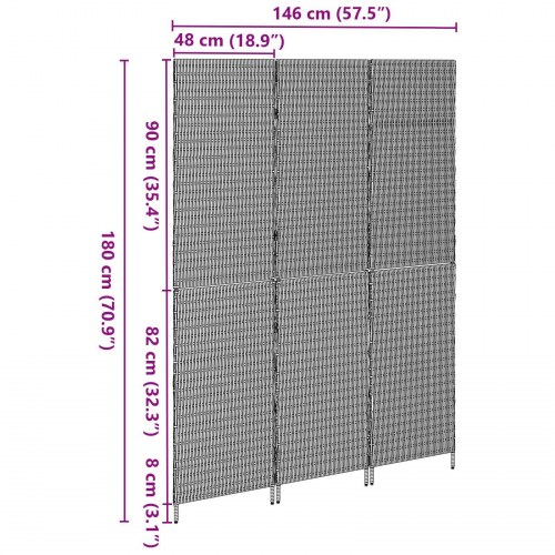 Rumdeler 3 Paneler Sammenfoldelig Sort 146x180 cm Poly Rattan