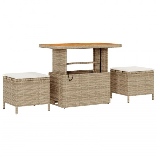 3 Deles Have Spisebord Sæt med Puder Beige Poly Rattan Akacietræ