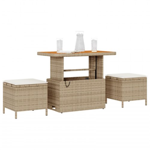 3 Deles Have Spisebord Sæt med Puder Beige Poly Rattan Akacietræ