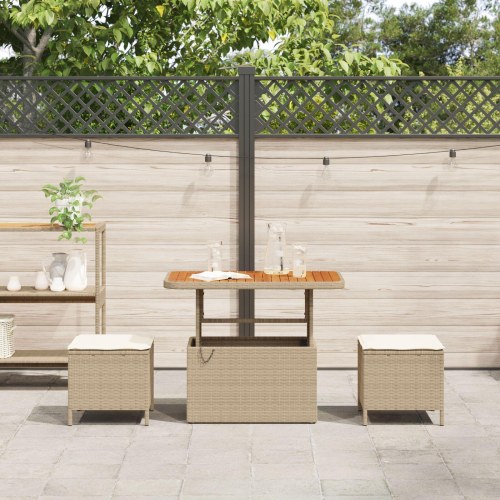 3 Deles Have Spisebord Sæt med Puder Beige Poly Rattan Akacietræ