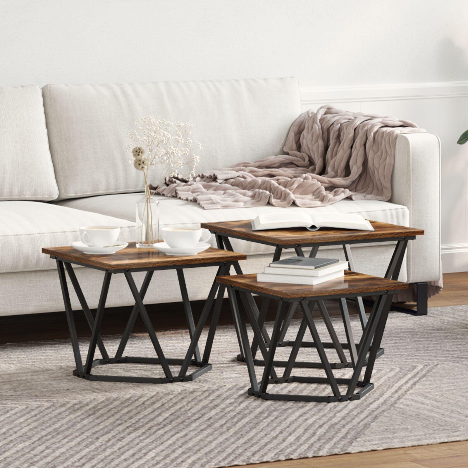 Sofabord 3 stk Røget eg 50 x 50 x 40 cm Ingeniørtræ og stål
