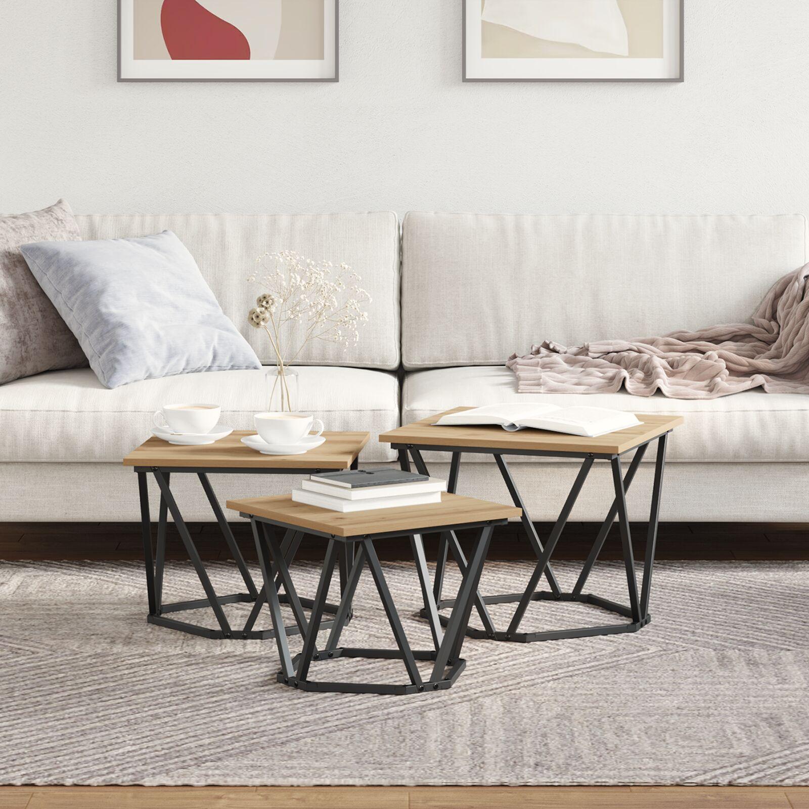 Sofabord 3 stk artisan eg 50 x 50 x 40 cm Ingeniørtræ og stål
