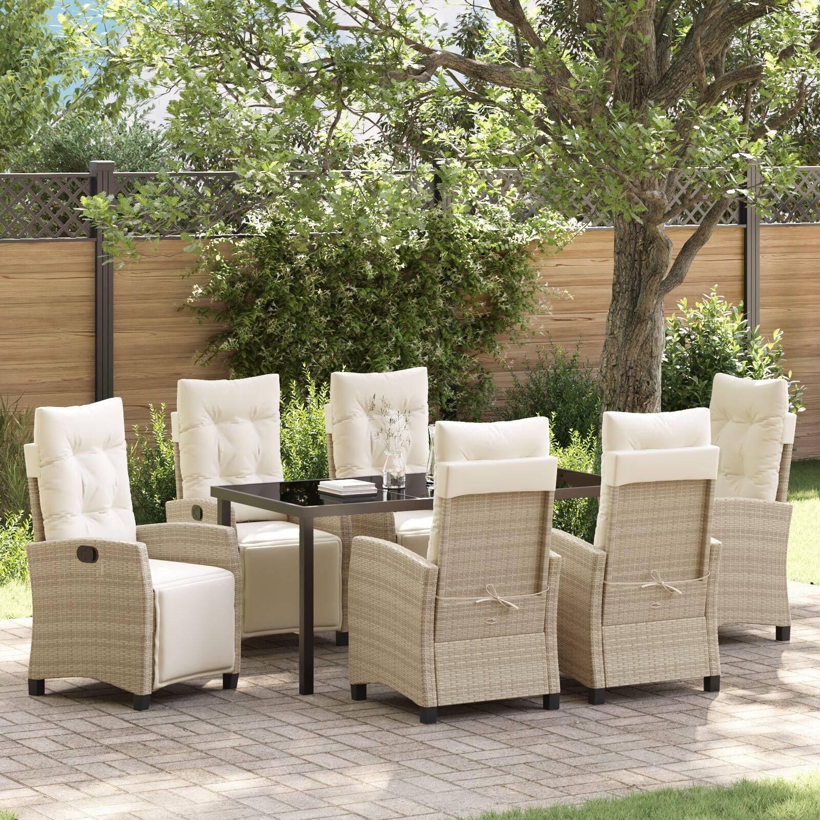 Have spisebordssæt i beige polyrattan med puder - 7 dele, justerbare stole