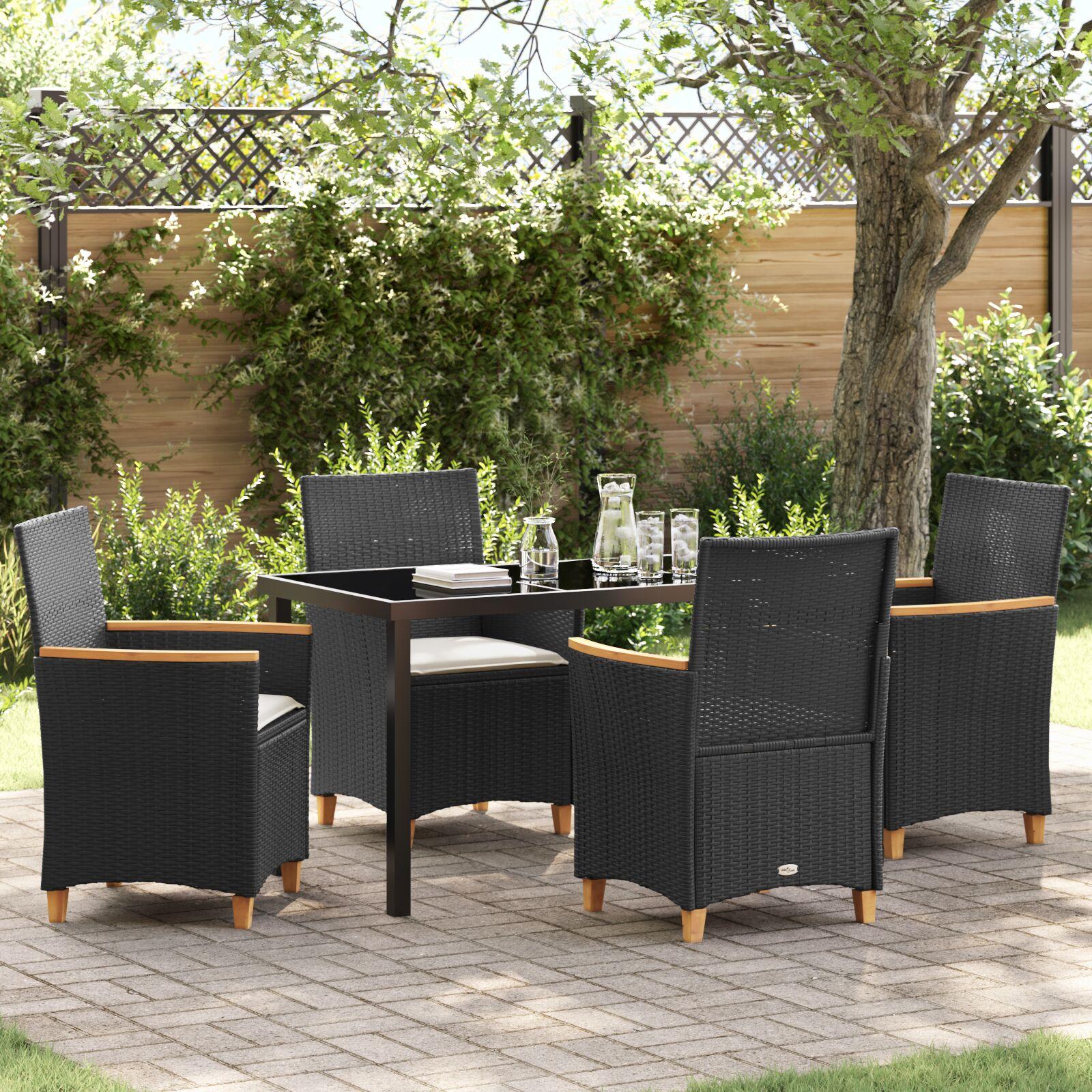 Have spisebordssæt 5 dele i sort polyrattan med glasbord - 4 stole med hynder