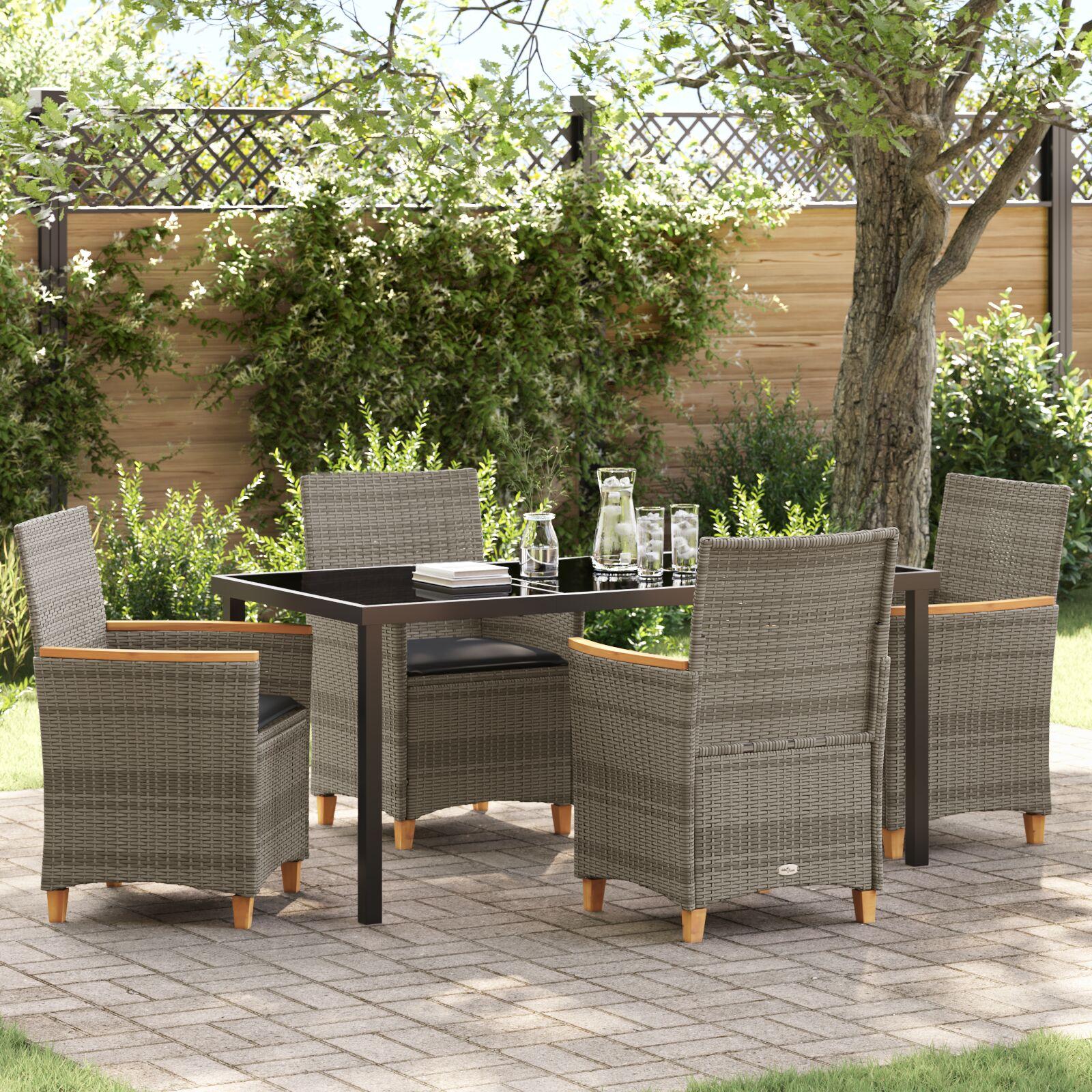 Have spisebordssæt i grå polyrattan - 5 dele med glasbord og hynder