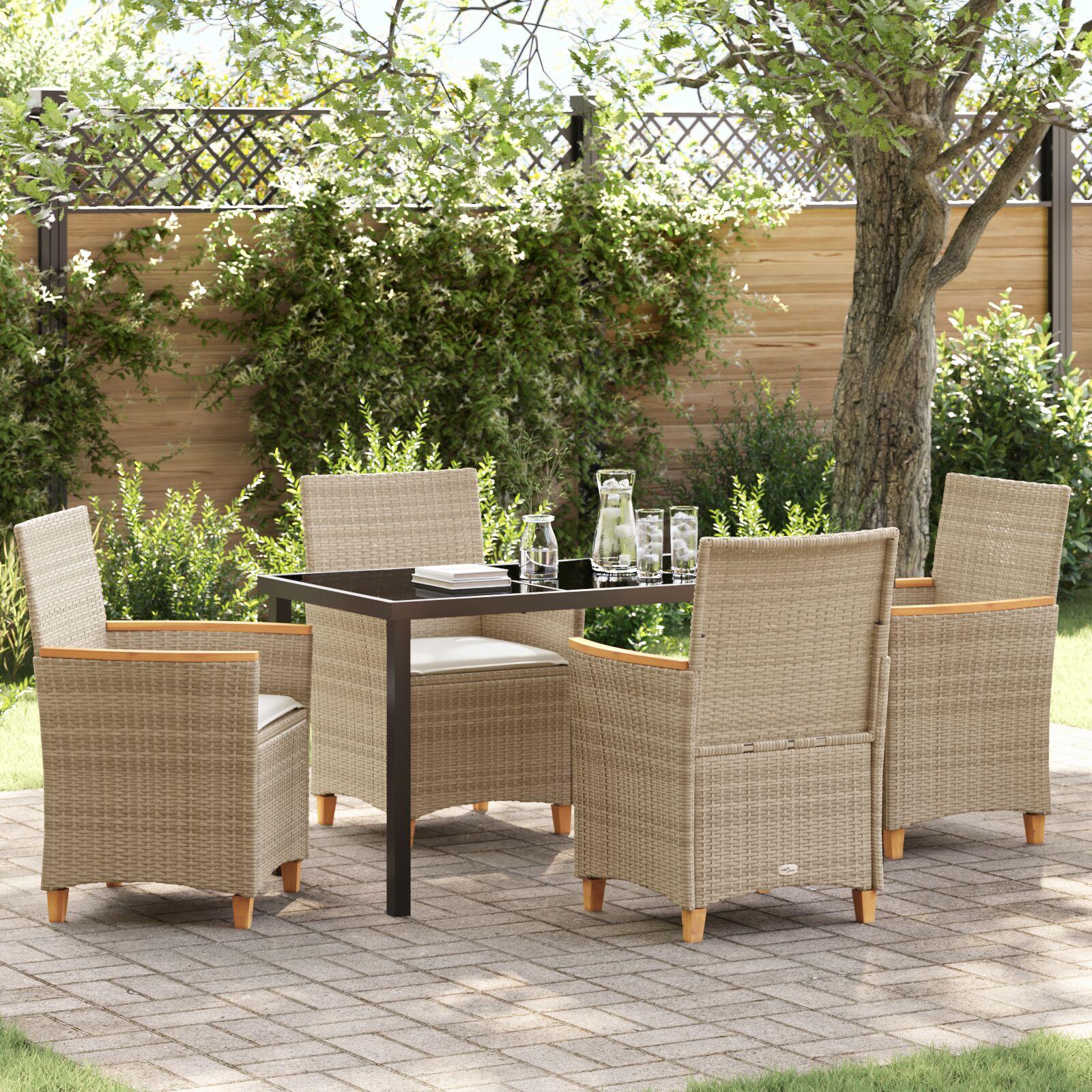 Have spisebordssæt i beige polyrattan - 5 dele med glasbord og hynder