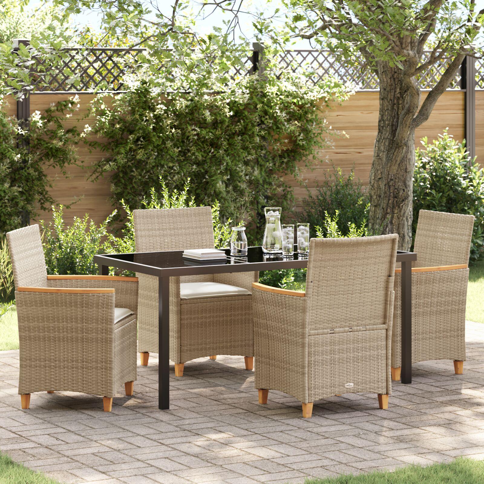 Have spisebordssæt 5 stk i beige polyrattan med glasbord